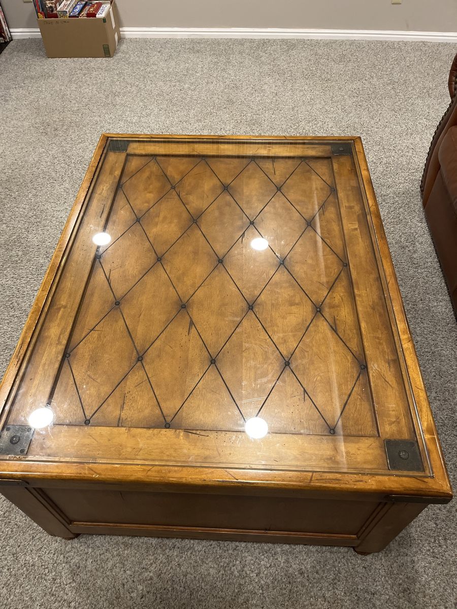 Large Wood Coffee Table with Glass Top & Storage Drawers - Excellent Condition