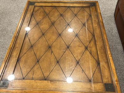 Large Wood Coffee Table with Glass Top & Storage Drawers - Excellent Condition