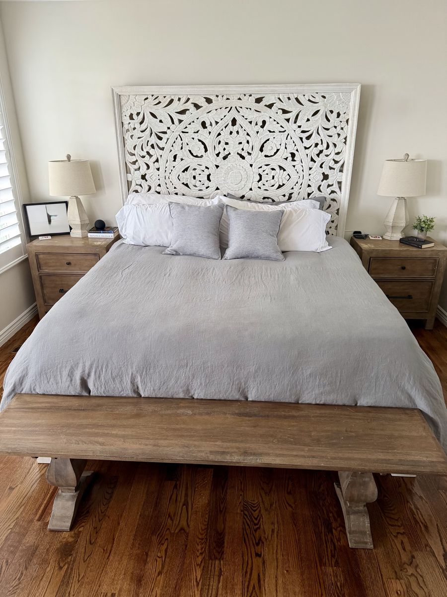 Hand-Carved Whitewashed Wood King Size Headboard - Intricate Design, 80" Tall