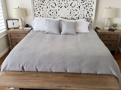 Hand-Carved Whitewashed Wood King Size Headboard - Intricate Design, 80" Tall