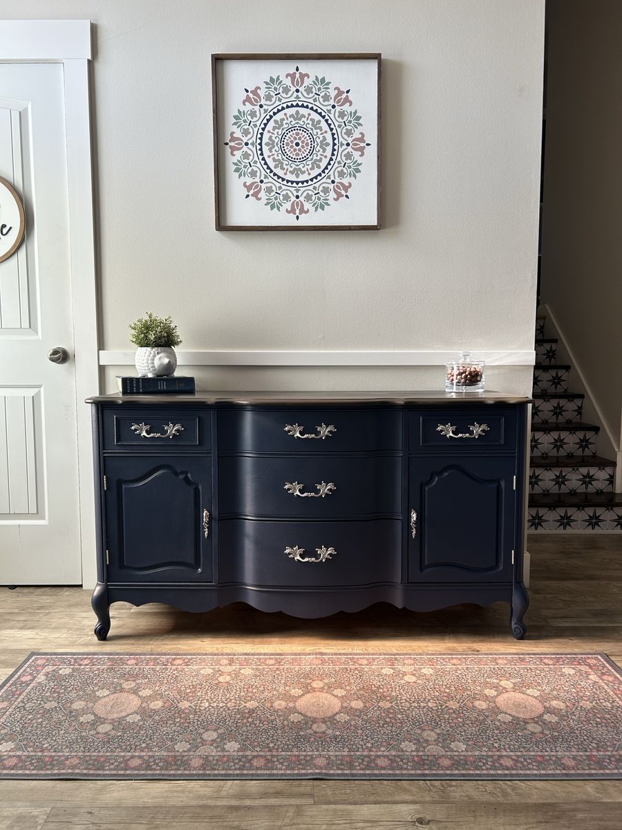 Refinished French Provincial Navel Blue Buffet Credenza / Dresser with Wood Top