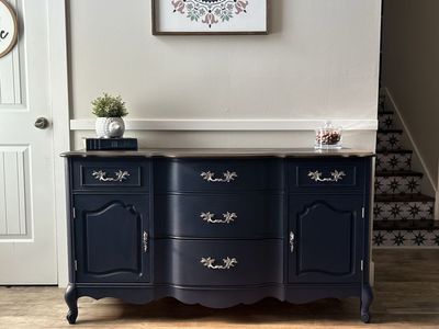 Refinished French Provincial Navel Blue Buffet Credenza / Dresser with Wood Top