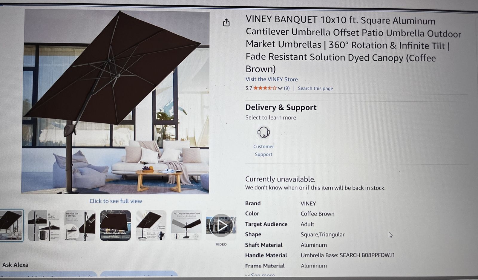10x10’ Square Cantilever Umbrella - Brown