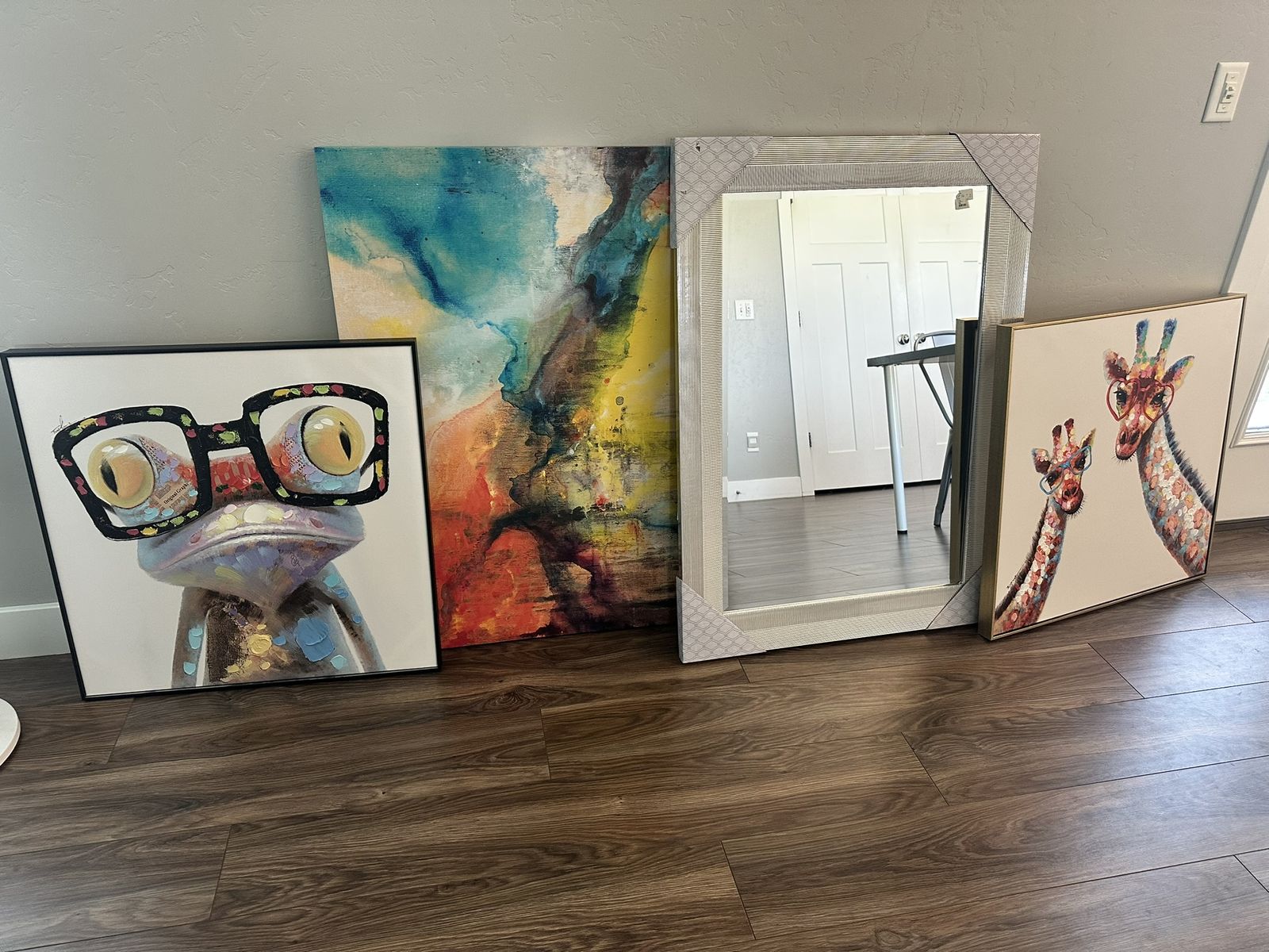 Large Framed Silver Wall Mirror & Wall Art Bundle | 4 Pieces