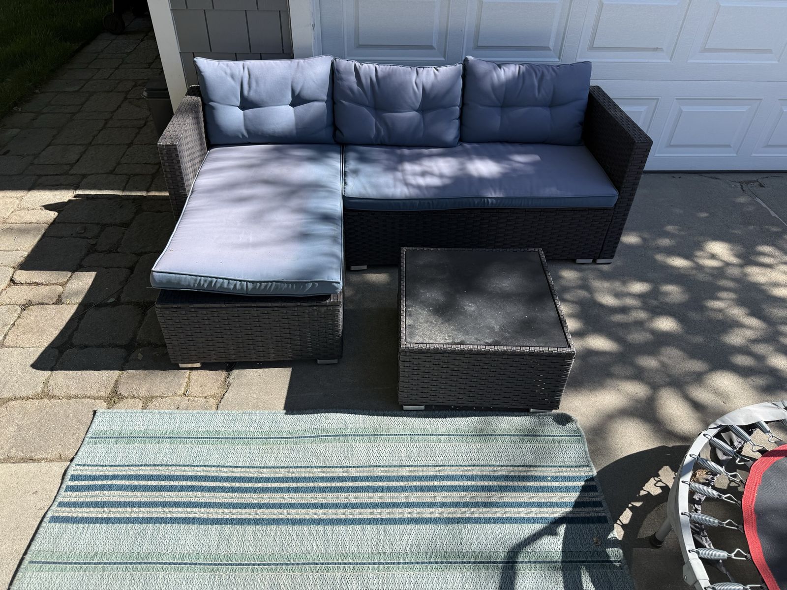 Outdoor Wicker Patio Sectional Sofa & Coffee Table Set - Blue-Gray Cushions, L-Shape Design