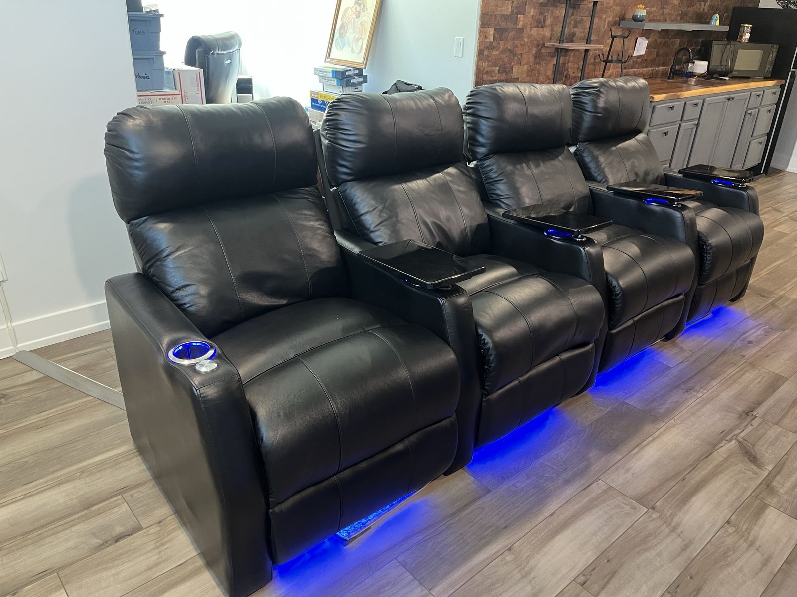 Black Leather 4-Seater Home Theater Recliner Sofa with LED Lights