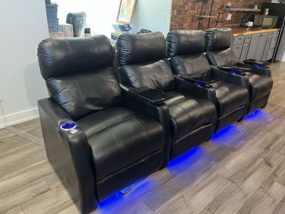 Black Leather 4-Seater Home Theater Recliner Sofa with LED Lights