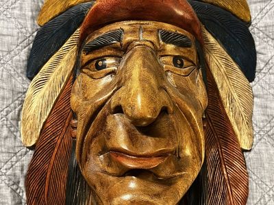 Hand-Carved Wooden Native American Chief Headdress Wall Art Decor