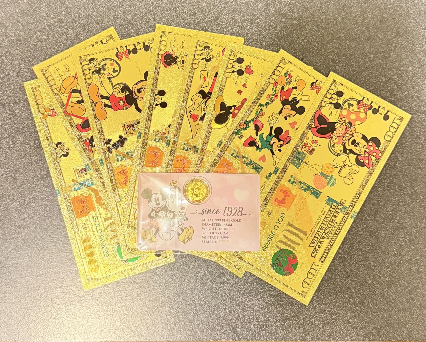 24kt Gold Mickey & Minnie LOVE 1/1000 & Bills Set