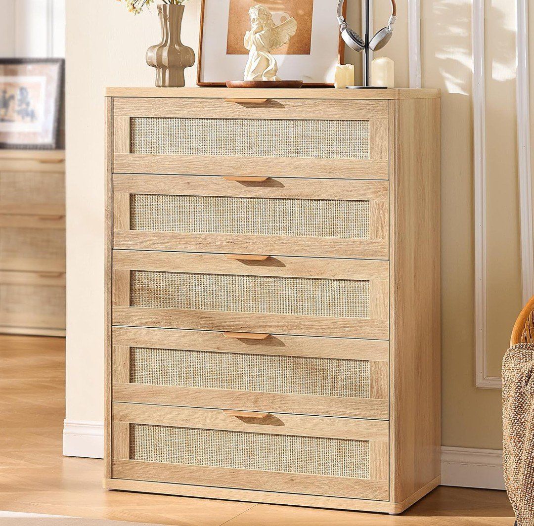5 Drawer Dresser w/ Rattan Style Fronts – Natural Wood
