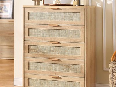5 Drawer Dresser w/ Rattan Style Fronts – Natural Wood