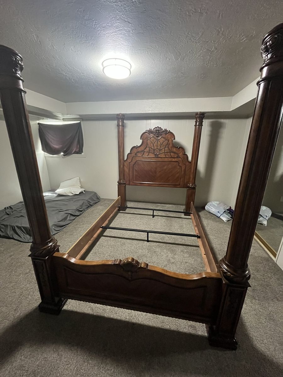 Queen Size Bed Frame - Dark Wood, Carved Details, Headboard Included