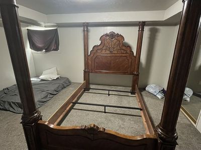 Queen Size Bed Frame - Dark Wood, Carved Details, Headboard Included