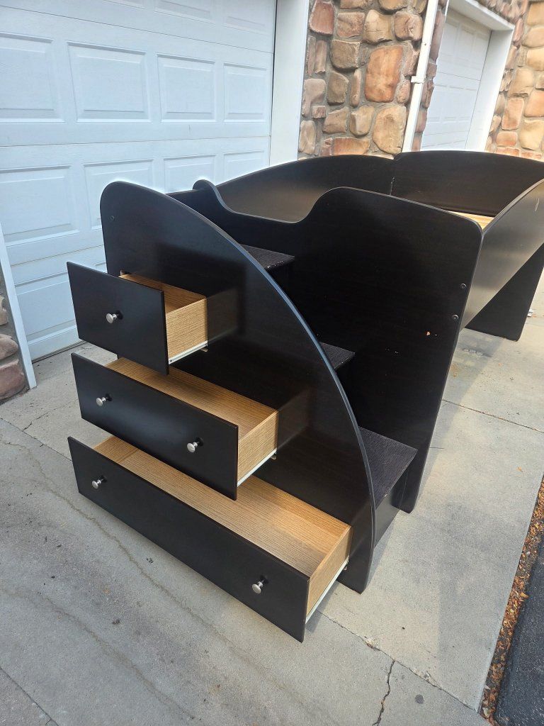 Black Twin Loft Bed Frame with Storage Stairs and Slats - Space-Saving Design