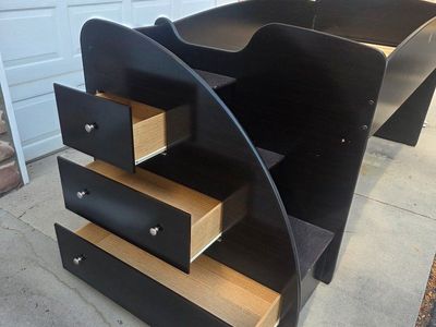 Black Twin Loft Bed Frame with Storage Stairs and Slats - Space-Saving Design