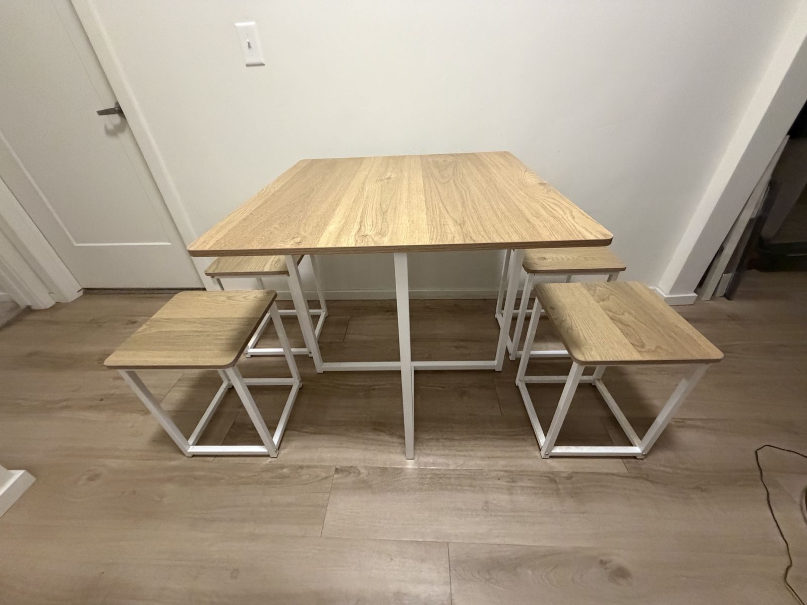 Compact Wood & White Metal Dining Table with 4 Stools - Space-Saving Design
