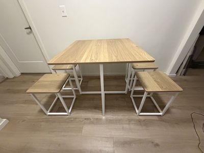 Compact Wood & White Metal Dining Table with 4 Stools - Space-Saving Design