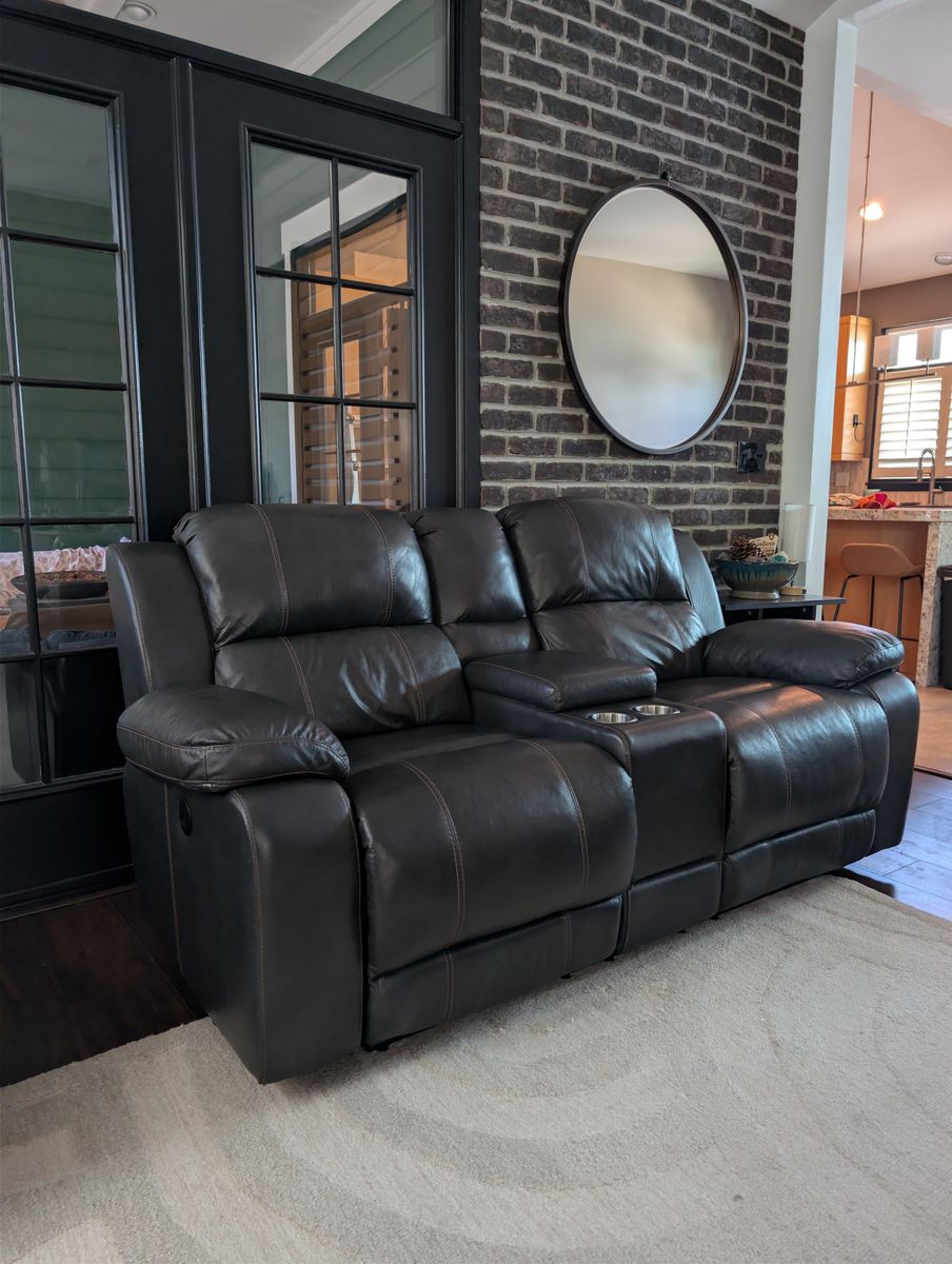 Overstuffed Dunhill Leather (not faux) Powered Loveseat
