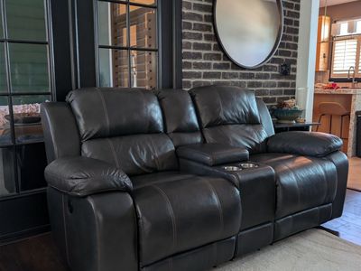 Overstuffed Dunhill Leather (not faux) Powered Loveseat