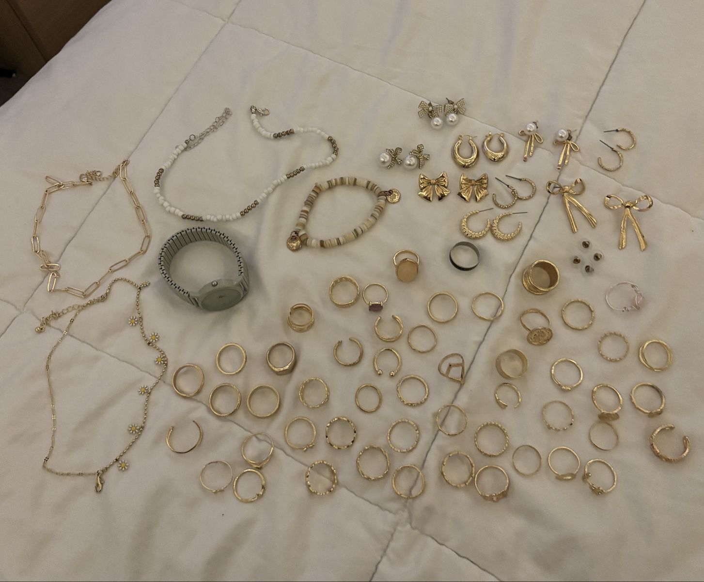 Large Assorted Jewelry Lot - Rings, Necklaces, Earrings, Bracelets, Watch - Gold & Silver Tones