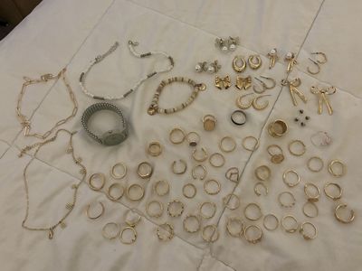 Large Assorted Jewelry Lot - Rings, Necklaces, Earrings, Bracelets, Watch - Gold & Silver Tones