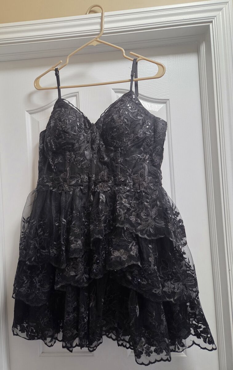 Sparkly black tiered lace tulle short spaghetti strap formal corset gown.