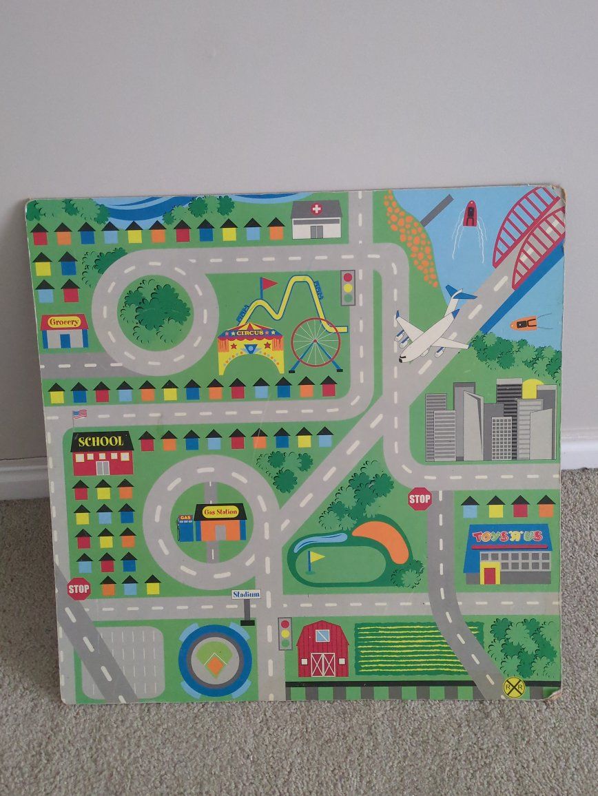Vintage Double-Sided Wooden Play Board: Numbers & Shapes / City Map for Kids