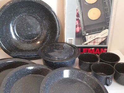 Lot of camping dishes and Coleman non-stick griddle