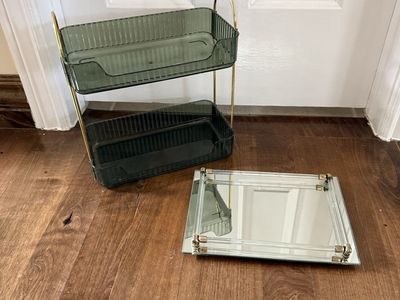 Bathroom caddy’s $15 each green/gold 13” T mirror caddy 11”
