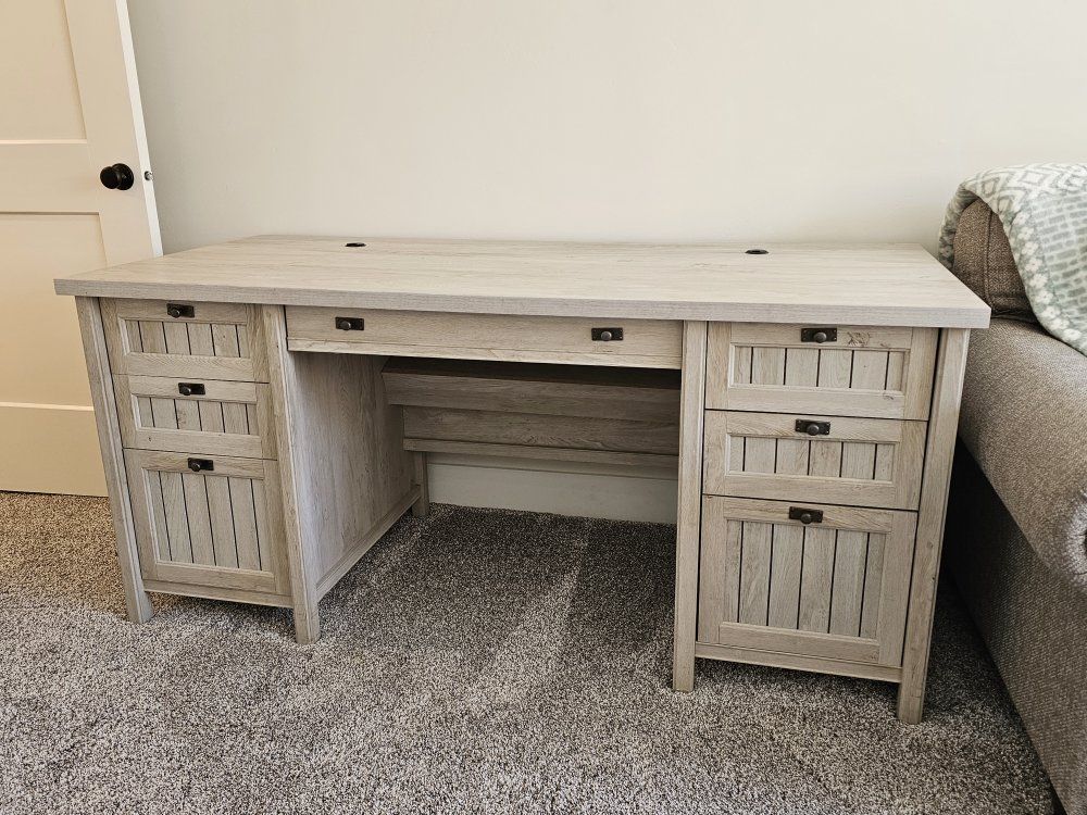 Large Weathered Gray Executive Desk with Multiple Drawers and Cable Management