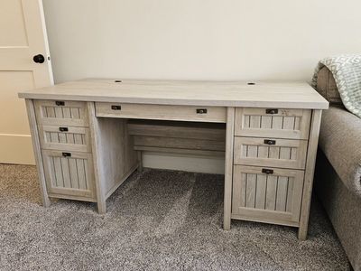 Large Weathered Gray Executive Desk with Multiple Drawers and Cable Management