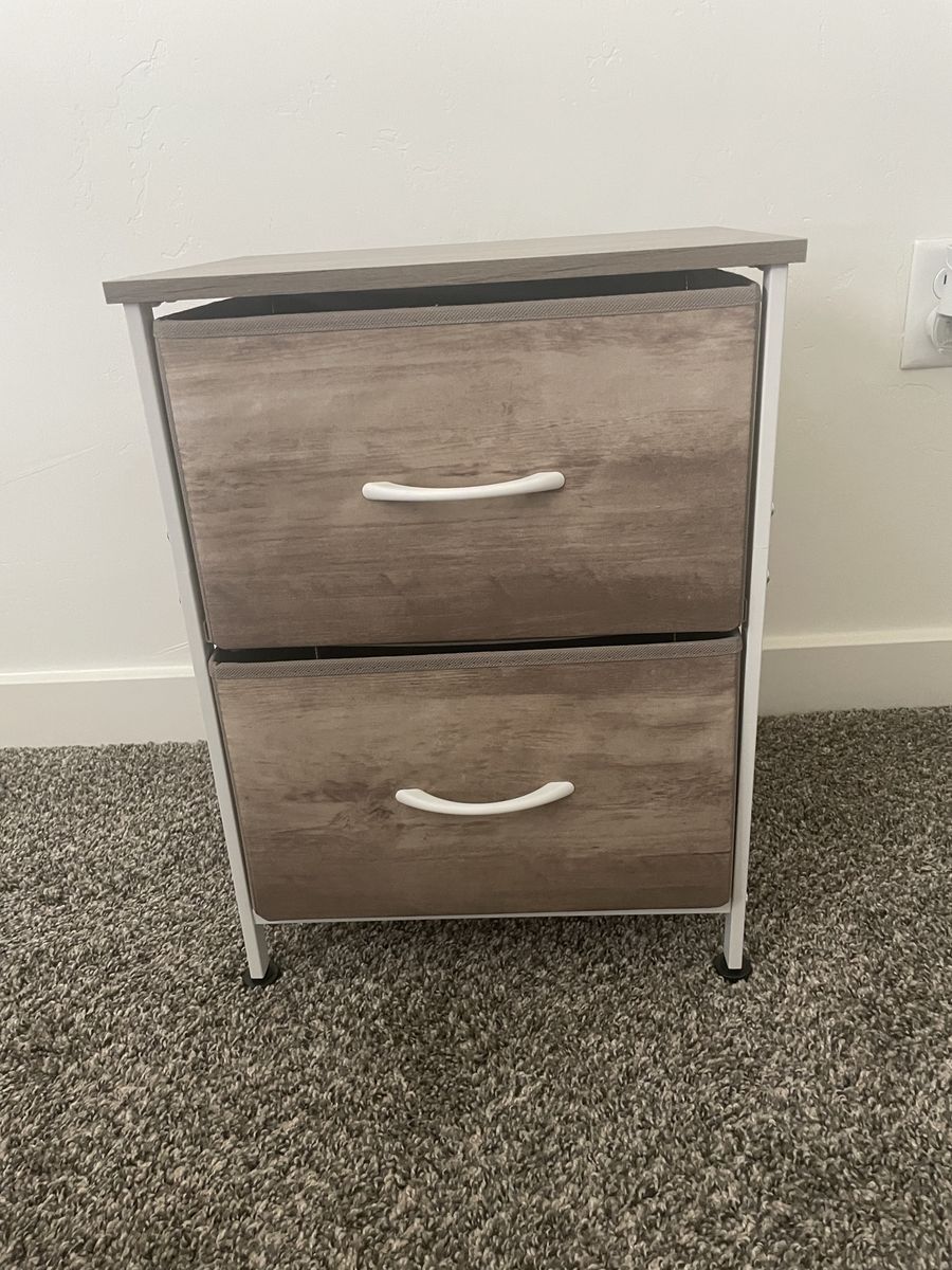 Compact 2-Drawer Storage Unit - Wood Grain Fabric Drawers & Metal Frame Nightstand