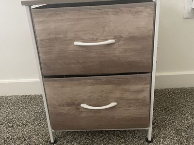 Compact 2-Drawer Storage Unit - Wood Grain Fabric Drawers & Metal Frame Nightstand