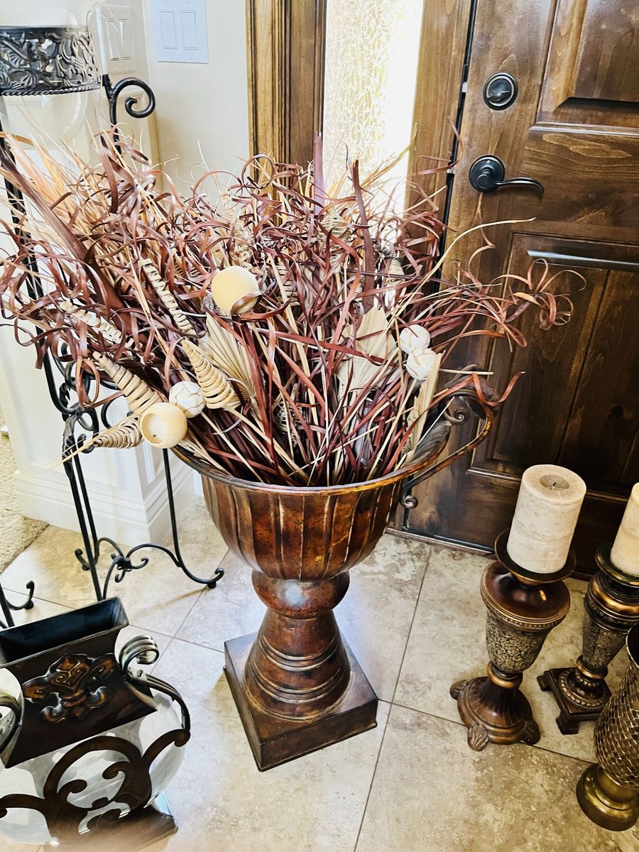 Large Urn Floor Vase with Dried Floral Arrangement - Rustic Bronze Decor
