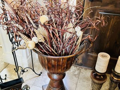 Large Urn Floor Vase with Dried Floral Arrangement - Rustic Bronze Decor
