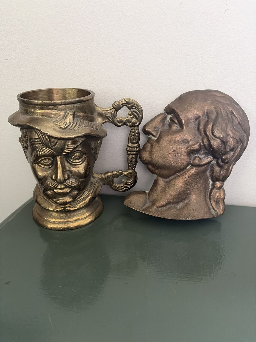 Vintage Brass Theodore Roosevelt mug and George Washington wall plaque