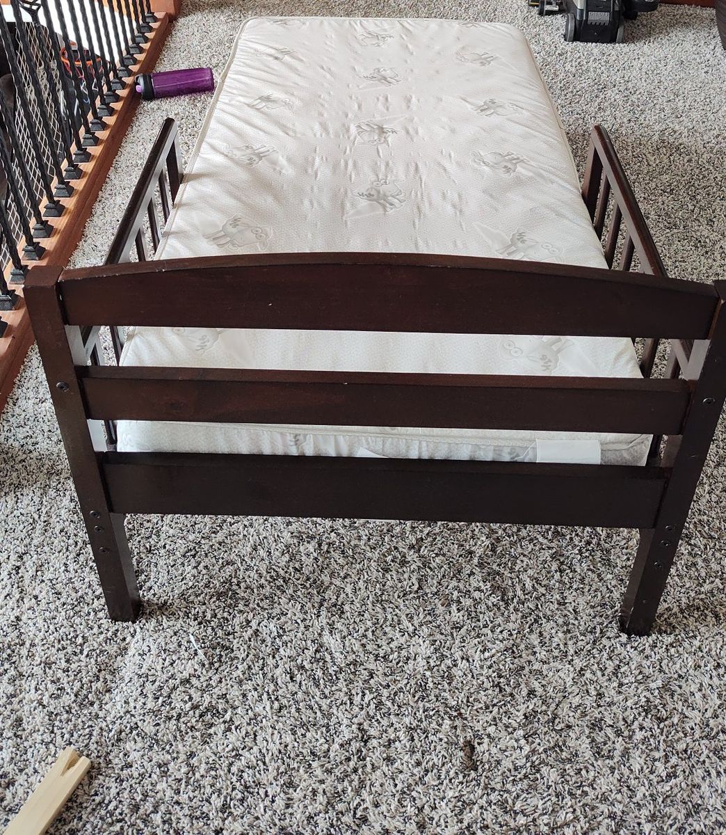 Dark Wood Toddler Bed Frame with Safety Rail & Mattress - Excellent Condition