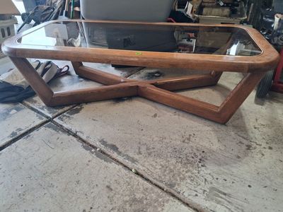 Vintage Oak Wood Coffee Table with Glass Top & X-Base MAKE OFFERS