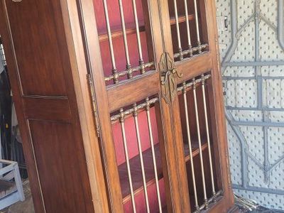 Ornate Wood Bookcase with metal Doors & Red Fabric Backing, Display Cabinet