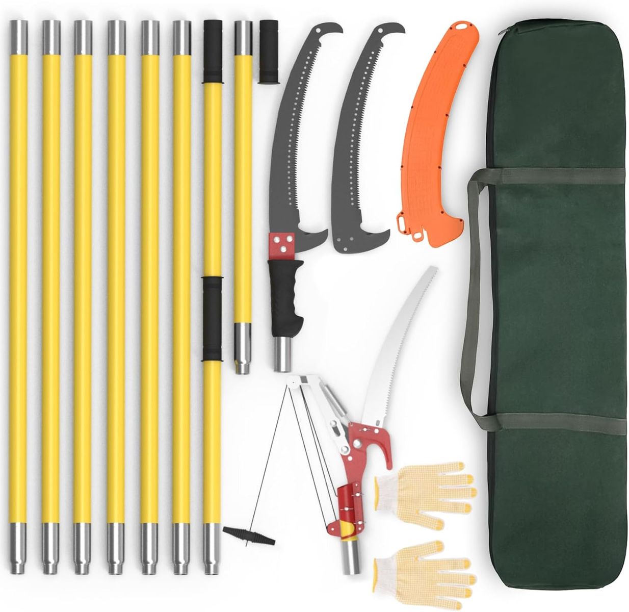 7.3-27FT Extendable Long Handle Pole Saw with Blade and Branch Scissors Yellow