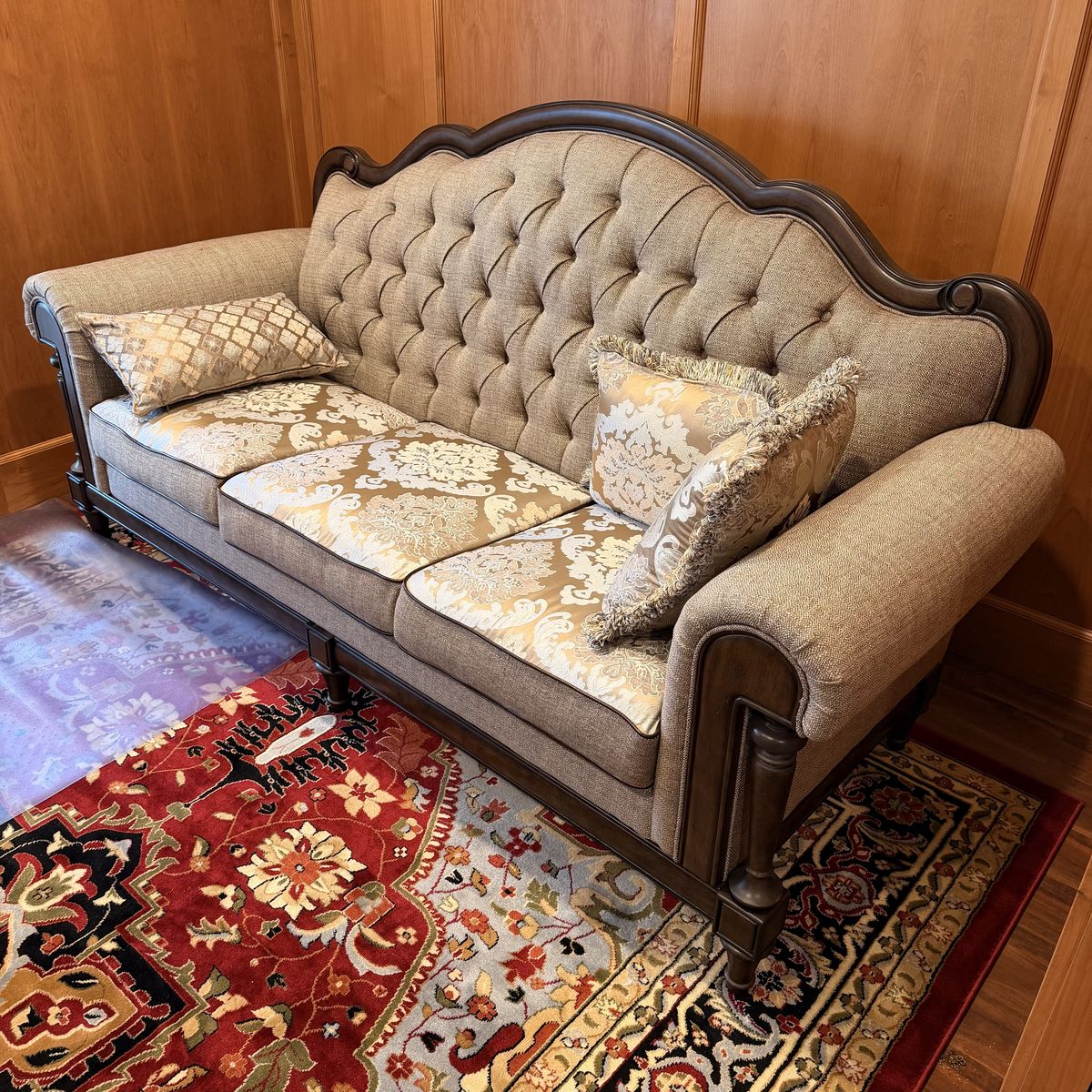 Estate sale! Sofas with embroidered fabric cushions