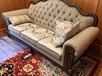 Estate sale! Sofas with embroidered fabric cushions