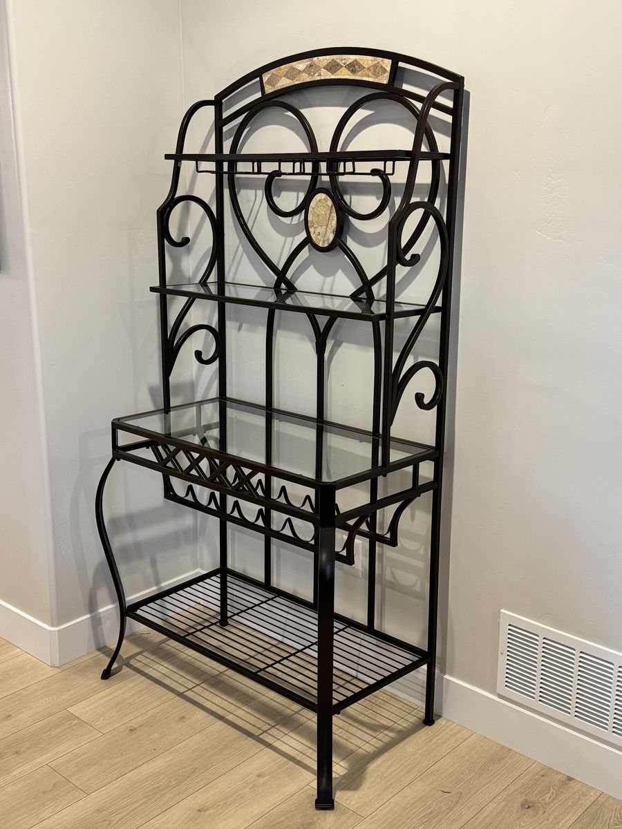 Tuscan Style Metal Baker's Rack Shelf Bar Wine Rack & Glass Shelves
