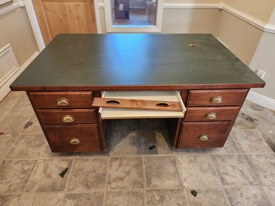 Large Vintage Executive Wooden Double Pedestal Office Desk with Green Top and Brass Hardware