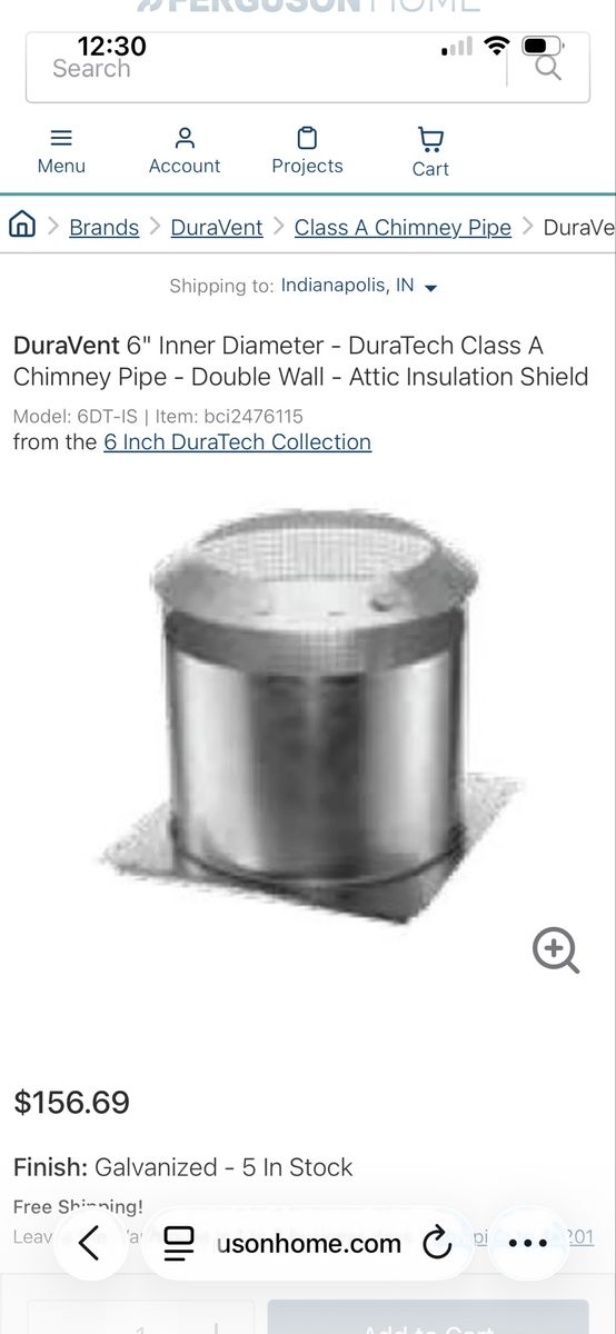 DuraVent 6DT-IS 6" Double Wall Class A Chimney Pipe Attic Insulation Shield Galvanized