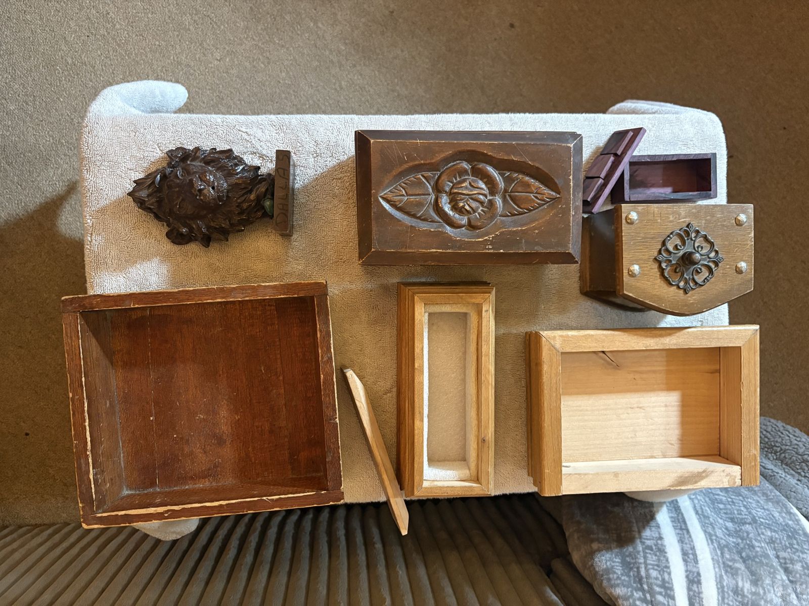 Assorted Vintage Wooden Boxes - Decorative Carved Wood & Hinged Storage Containers