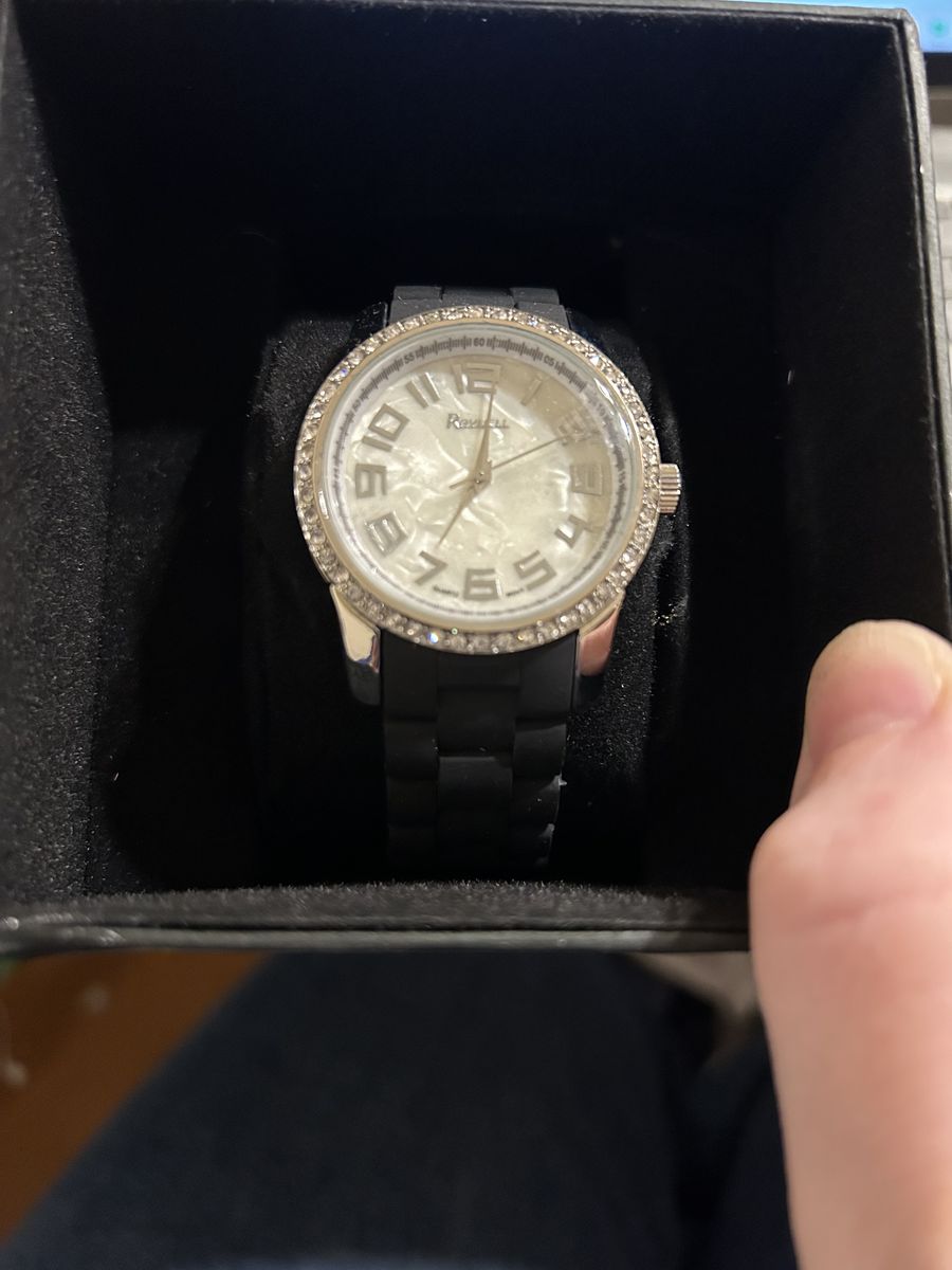 Women's Black & Silver Tone Watch with Rhinestone Bezel - Mother of Pearl Dial new in box