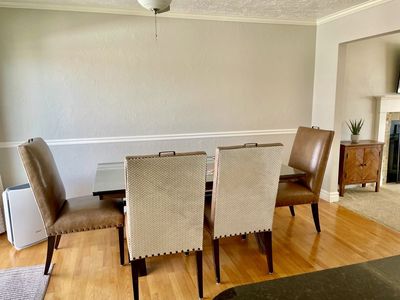 Wesley Hall Dining Chairs with Glass Top Solid Wood Table & Matching Wooden Bench