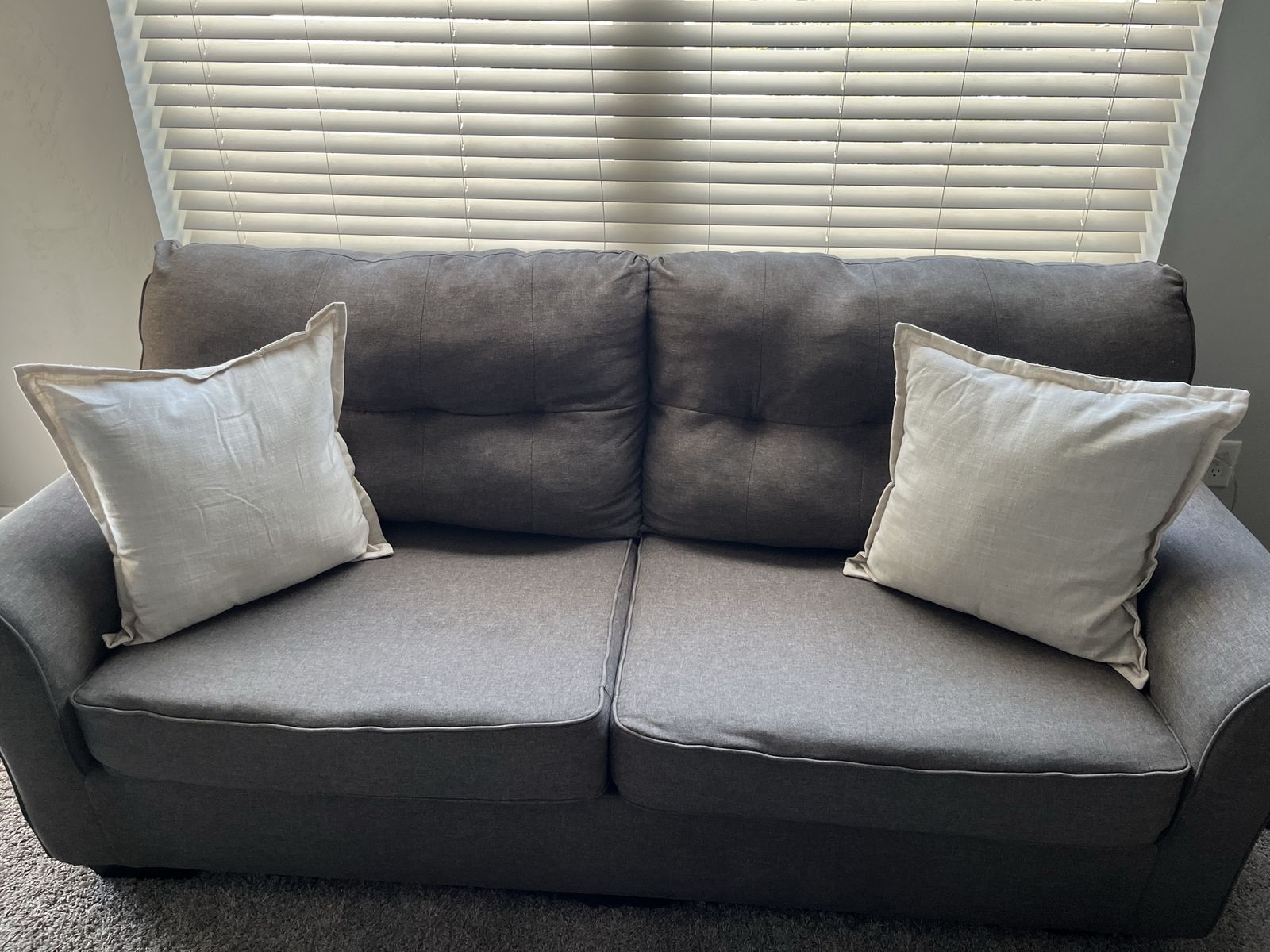 Cozy Grey Fabric Loveseat - Compact 2-Seater Sofa with Comfortable Cushions, Good Condition