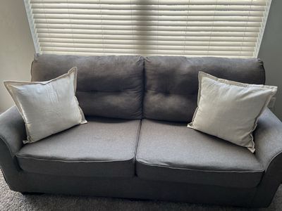 Cozy Grey Fabric Loveseat - Compact 2-Seater Sofa with Comfortable Cushions, Good Condition